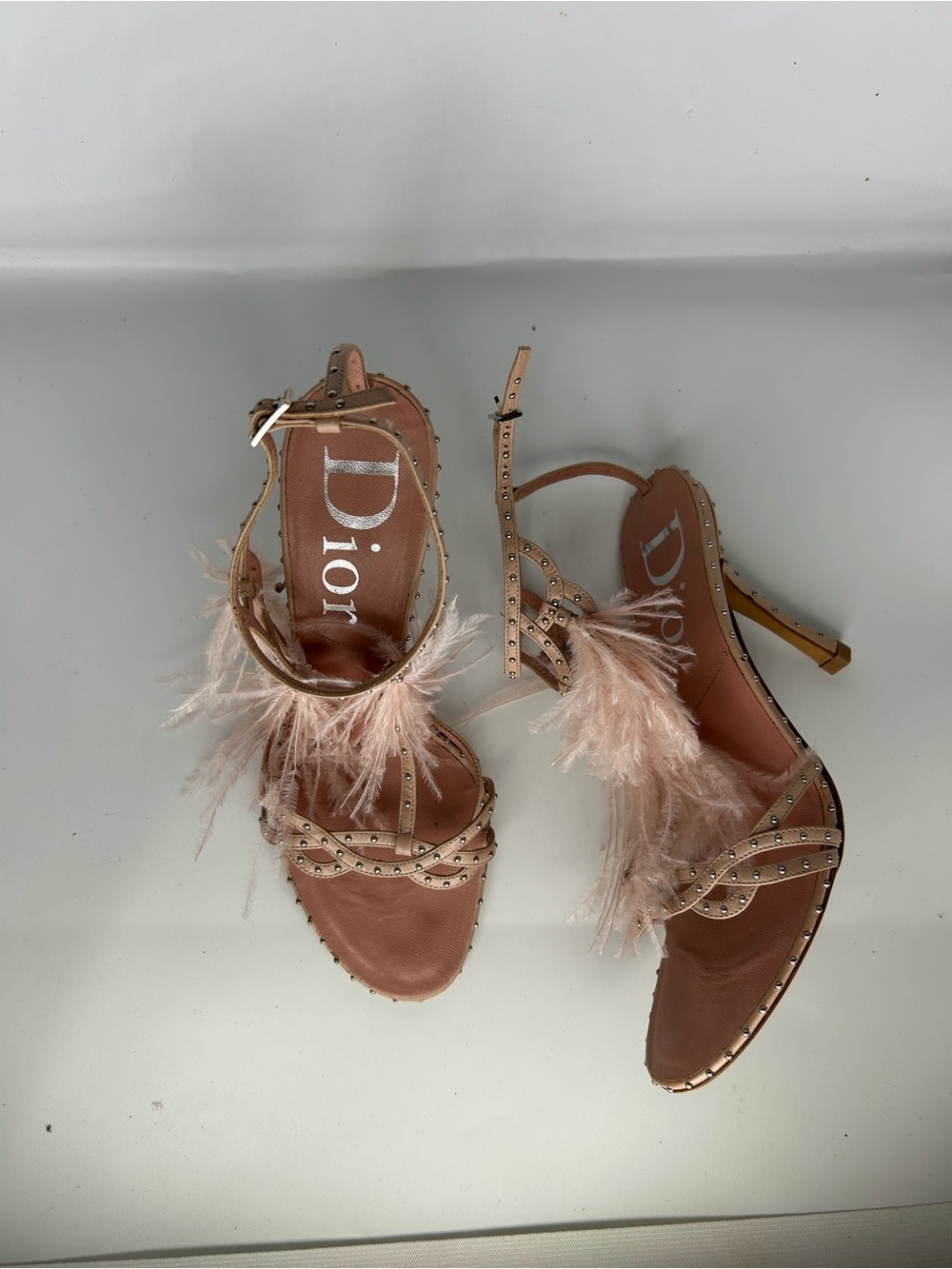 Dior Galliano era Blush Feather and Stud Strappy Heels EU 36